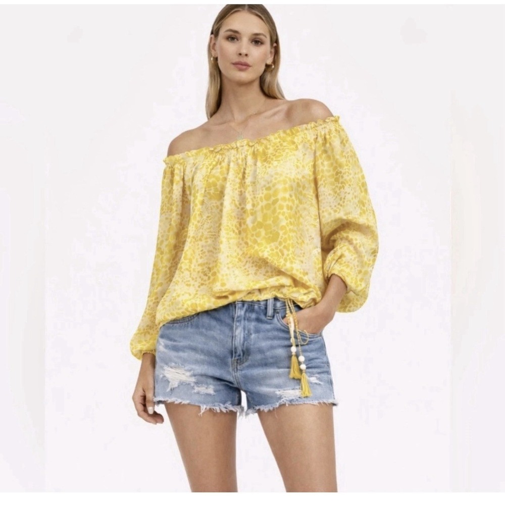 Ramy Brook Camellia Yellow Printed Silk Off Shoulder Blouse Size XL NWT